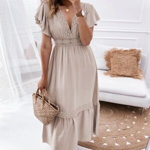 B113 Oatmeal Lace V Neck Ruffled Sleeve Empire Waist Dress